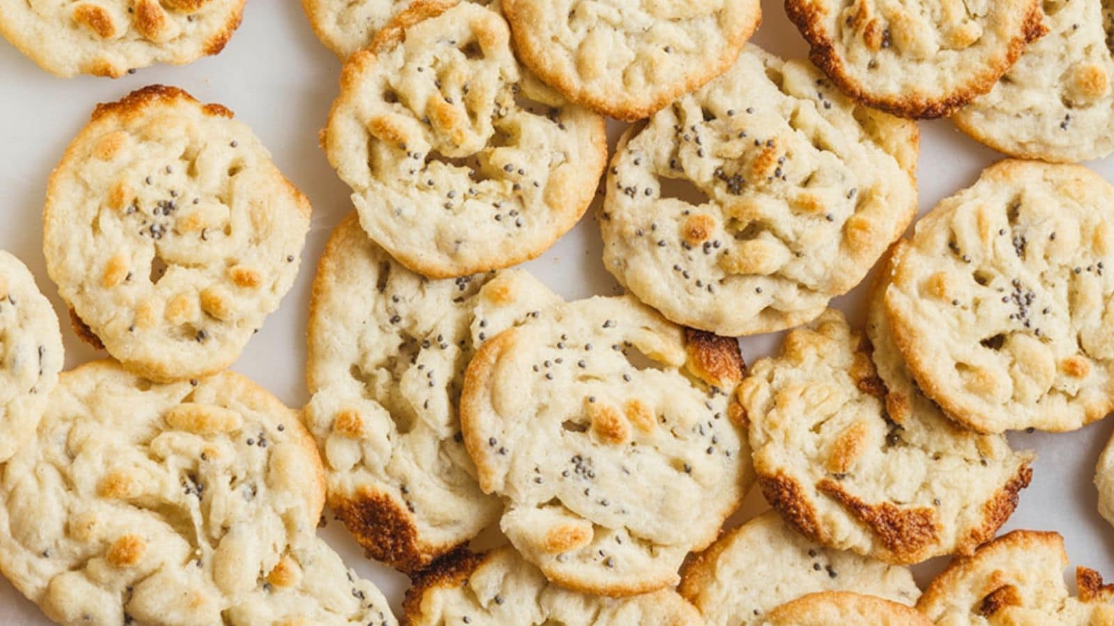 A close-up view of several crispy, golden-brown, round cookies with a slightly uneven surface and sprinkled seeds, arranged on a white background—perfect as a high-protein snack.