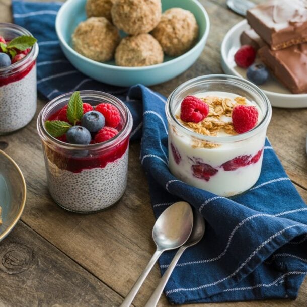 A wooden table with jars of yogurt and chia pudding topped with berries, high fiber desserts like oatmeal cookies, chocolate-covered bars, and round energy bites, with spoons and a blue napkin.