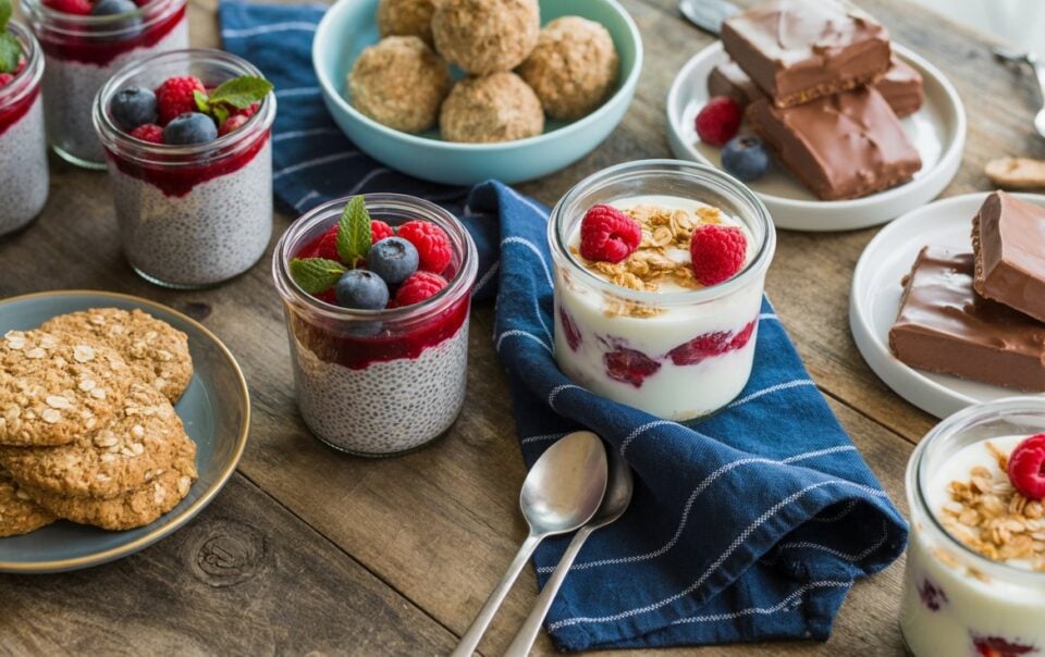 A wooden table with jars of yogurt and chia pudding topped with berries, high fiber desserts like oatmeal cookies, chocolate-covered bars, and round energy bites, with spoons and a blue napkin.