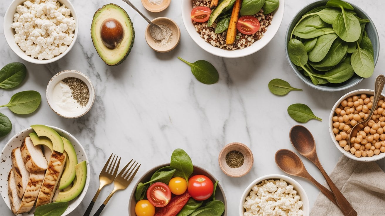 A marble table set for meals with cottage cheese, featuring bowls of spinach, chickpeas, cherry tomatoes, quinoa salad, sliced avocado, grilled chicken, and small dishes of spices, with wooden utensils and scattered spinach leaves.