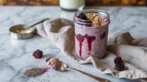 A jar of chia pudding topped with granola, blackberries, and berry sauce sits on a marble surface beside a spoonful of pudding, scattered chia seeds, and a few blackberries. In the background are a cup of oats perfect for making overnight oats and a glass of milk.