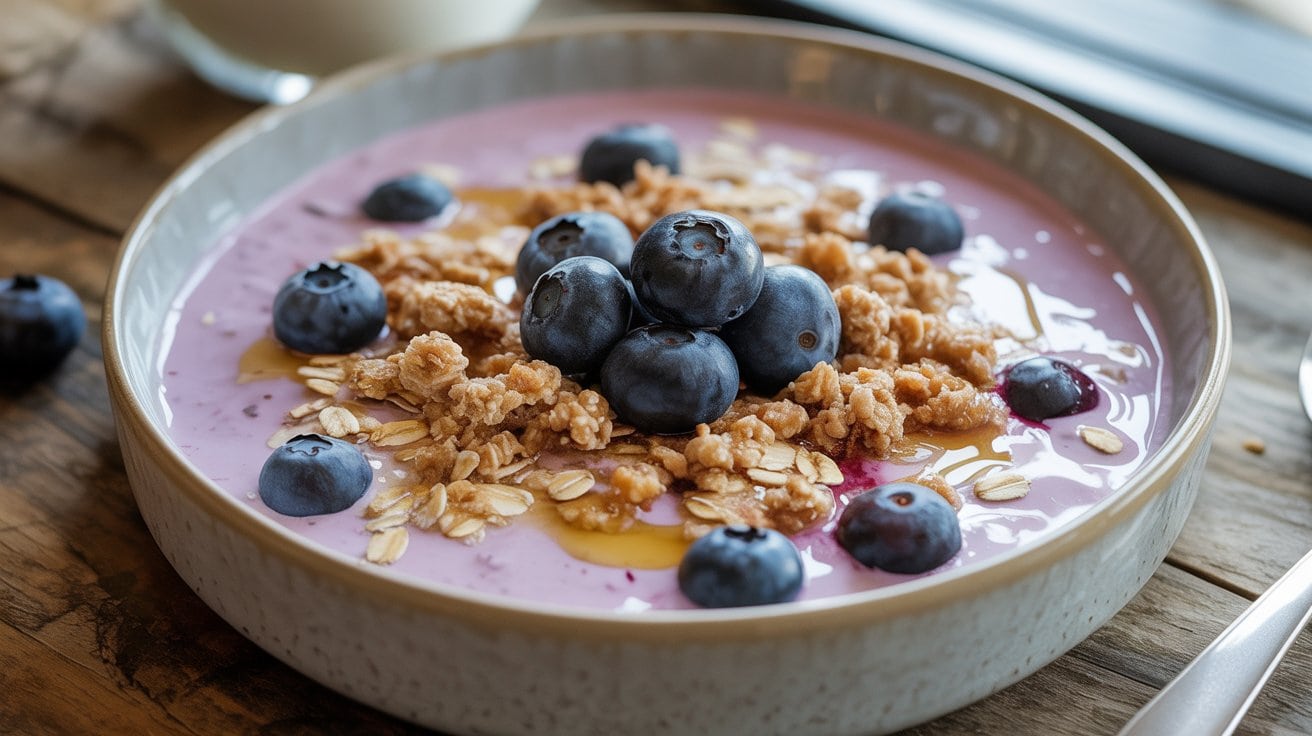 A Blueberry Muffin Protein Bowl featuring pink yogurt, granola, fresh blueberries, oats, and honey sits on a wooden table with a spoon and glass—an irresistible high protein breakfast with 32g protein.