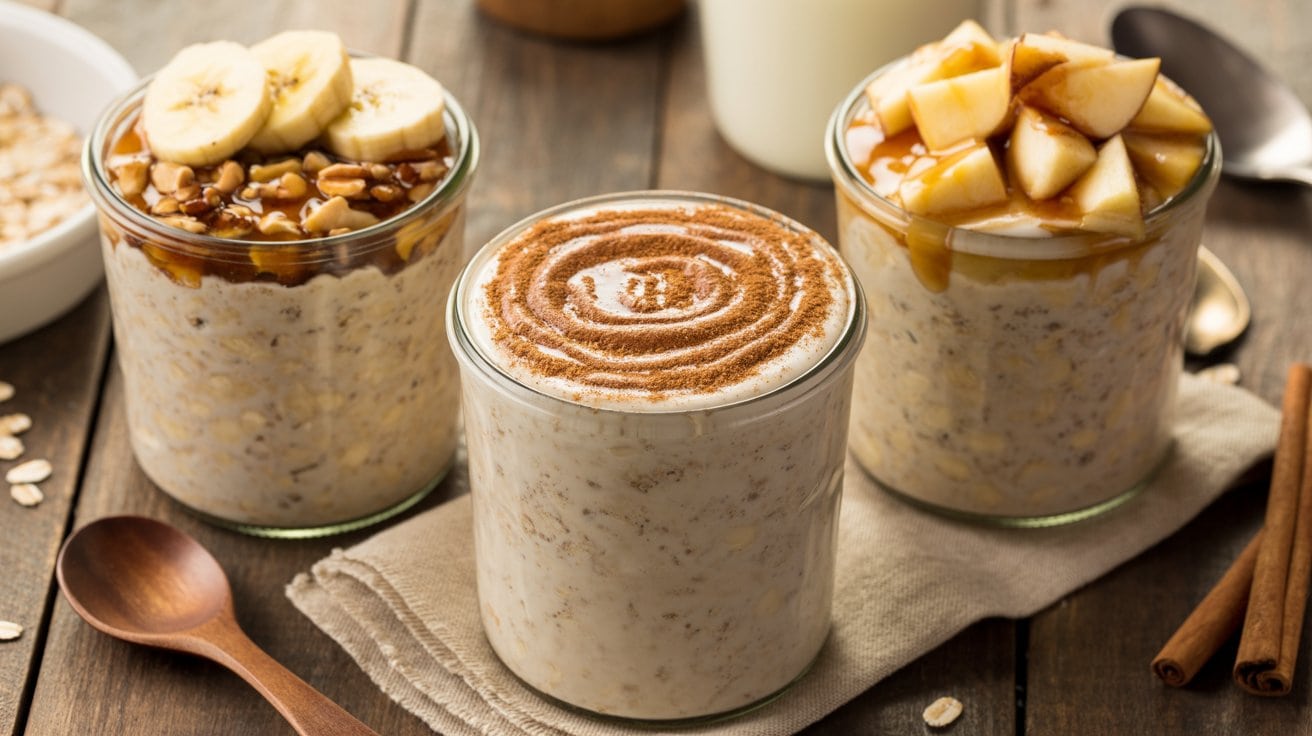 Three jars of overnight oats recipe are on a wooden table: one topped with banana slices and nuts, one with a swirl of cinnamon, and one with chopped apples, caramel sauce, and brown sugar. A wooden spoon and cinnamon sticks are nearby.