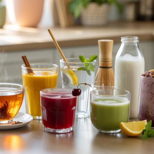 A variety of cortisol-lowering drinks on a kitchen table, including tea, orange juice, a red beverage with a cherry, green juice, a smoothie with nuts, milk, and lemon wedges—perfect options to calm your nervous system. Plants add serenity in the background.