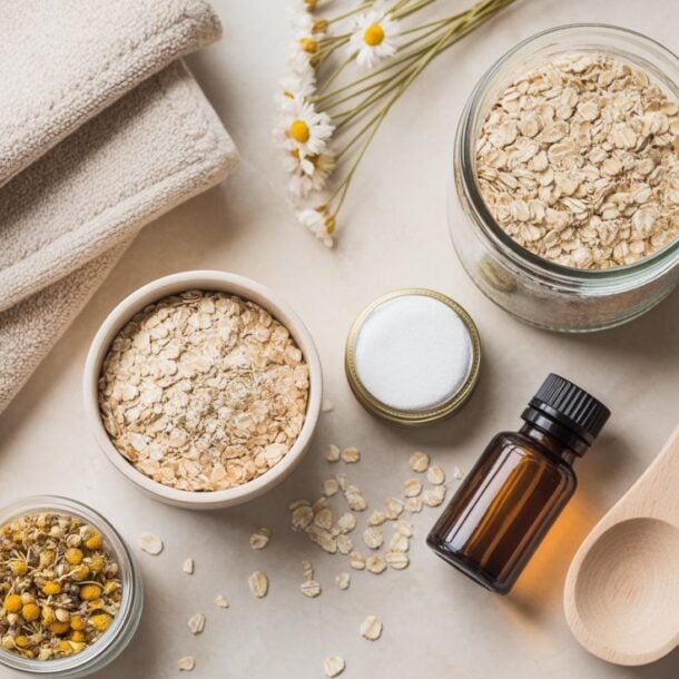 A flat lay of spa ingredients, including bowls and a jar of oats perfect for an oatmeal bath soak, a wooden spoon, a small glass bottle, dried chamomile flowers, lavender sprigs, and two folded beige towels on a light surface.