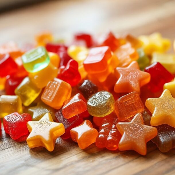 A colorful pile of assorted fruit-flavored gummy candies, reminiscent of tasty gummy vitamins without sugar, sits on a wooden surface near a sliced grapefruit and some green leaves.