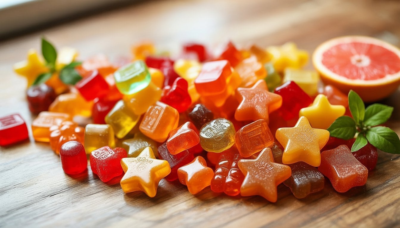 A colorful pile of assorted fruit-flavored gummy candies, reminiscent of tasty gummy vitamins without sugar, sits on a wooden surface near a sliced grapefruit and some green leaves.