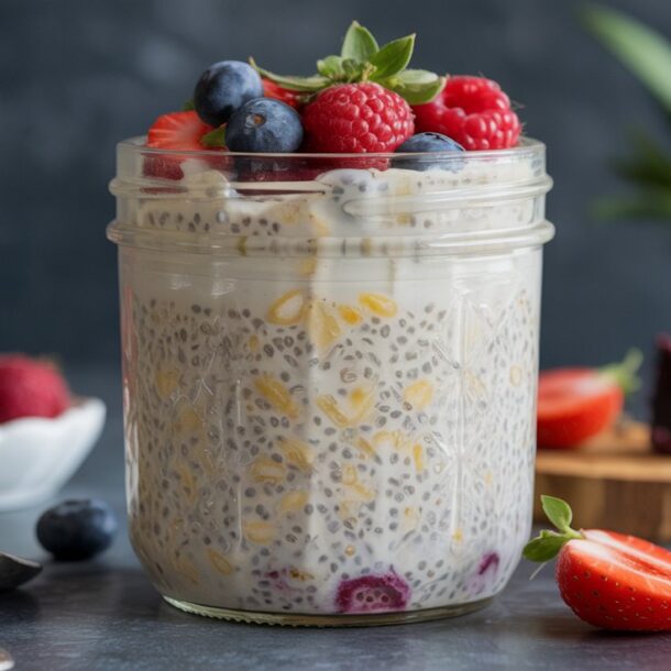 A glass jar filled with chia pudding and cottage cheese, topped with fresh strawberries, raspberries, and blueberries. A sliced strawberry, spoons, and a bowl of berries rest on a dark table, with a blurred plant in the background.