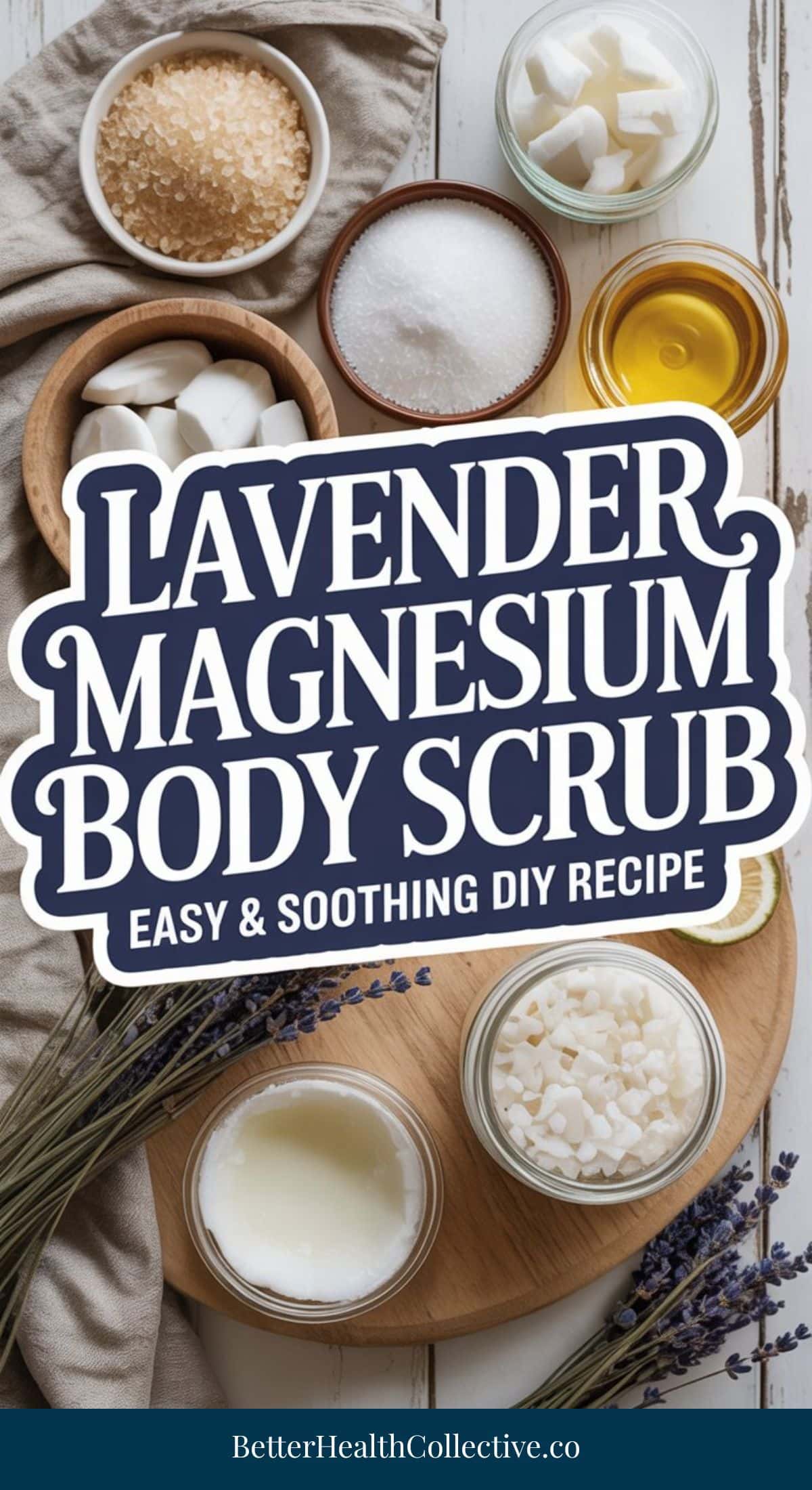 A flat lay of ingredients for a Lavender magnesium scrub surrounds bold text: Lavender Magnesium Body Scrub—Easy & Soothing DIY Recipe. For homemade body scrub tips, visit wellnestguide.com at the bottom.