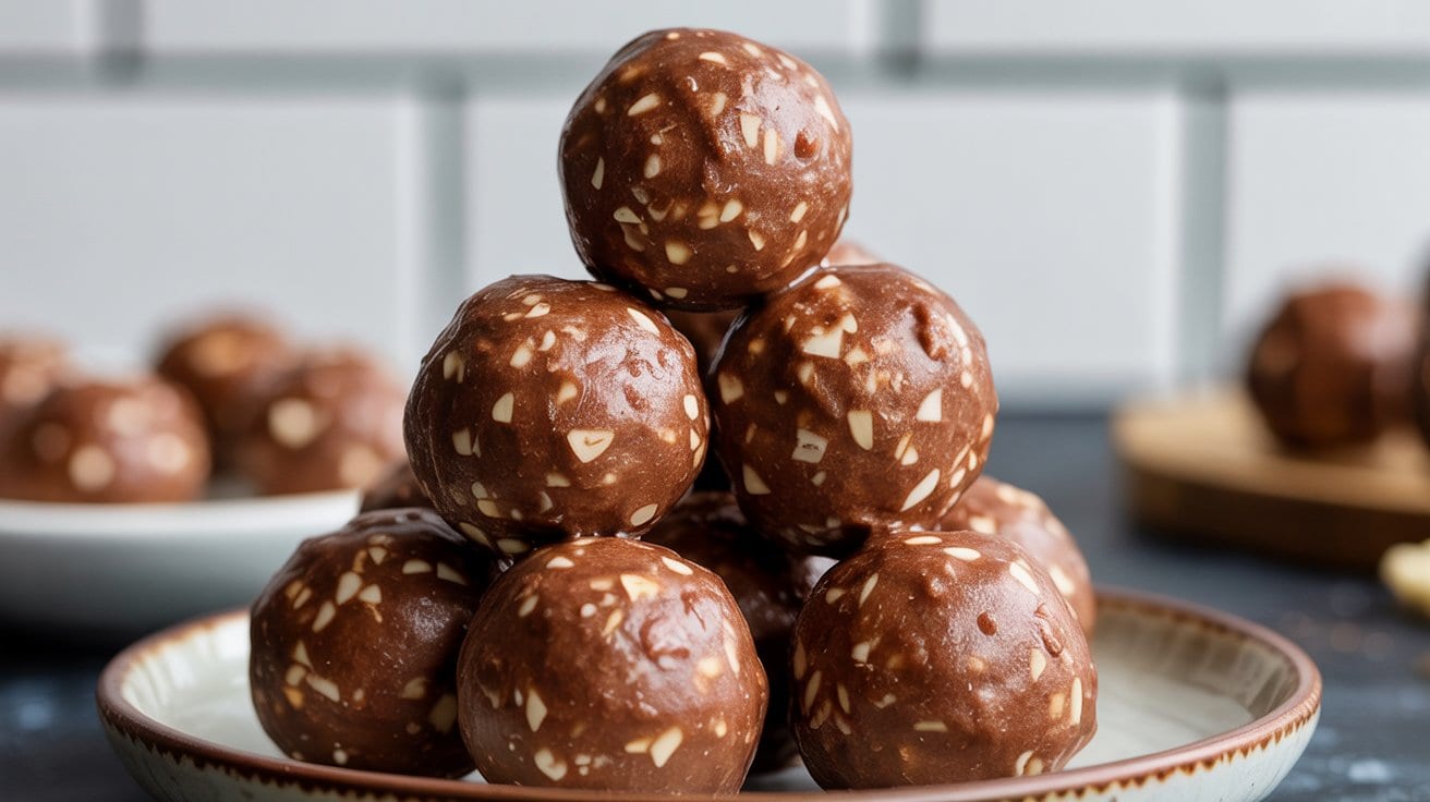 A stack of Nutella protein balls with visible nut pieces sits on a ceramic plate, with more energy balls blurred in the background against a white tiled wall.