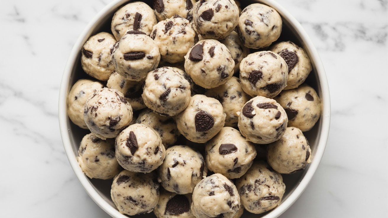 A bowl filled with round cookies and cream protein balls mixed with chunks of chocolate, placed on a white marble surface.