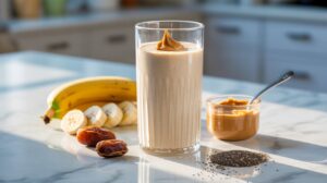 A glass of creamy Banana Smoothie topped with peanut butter sits on a kitchen counter, surrounded by banana slices, dates, chia seeds, and a jar of peanut butter. This high protein treat glows in the sunlight streaming in.