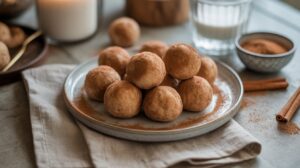 A plate of no-bake Snickerdoodle protein balls sits on a beige napkin, with a glass of milk, a bowl of cinnamon powder, and cinnamon sticks in the background on a rustic table.