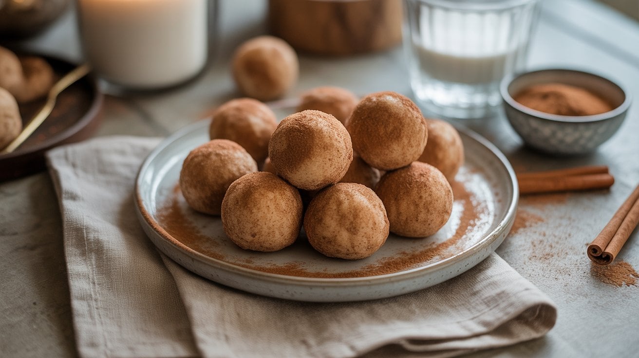 A plate of no-bake Snickerdoodle protein balls sits on a beige napkin, with a glass of milk, a bowl of cinnamon powder, and cinnamon sticks in the background on a rustic table.