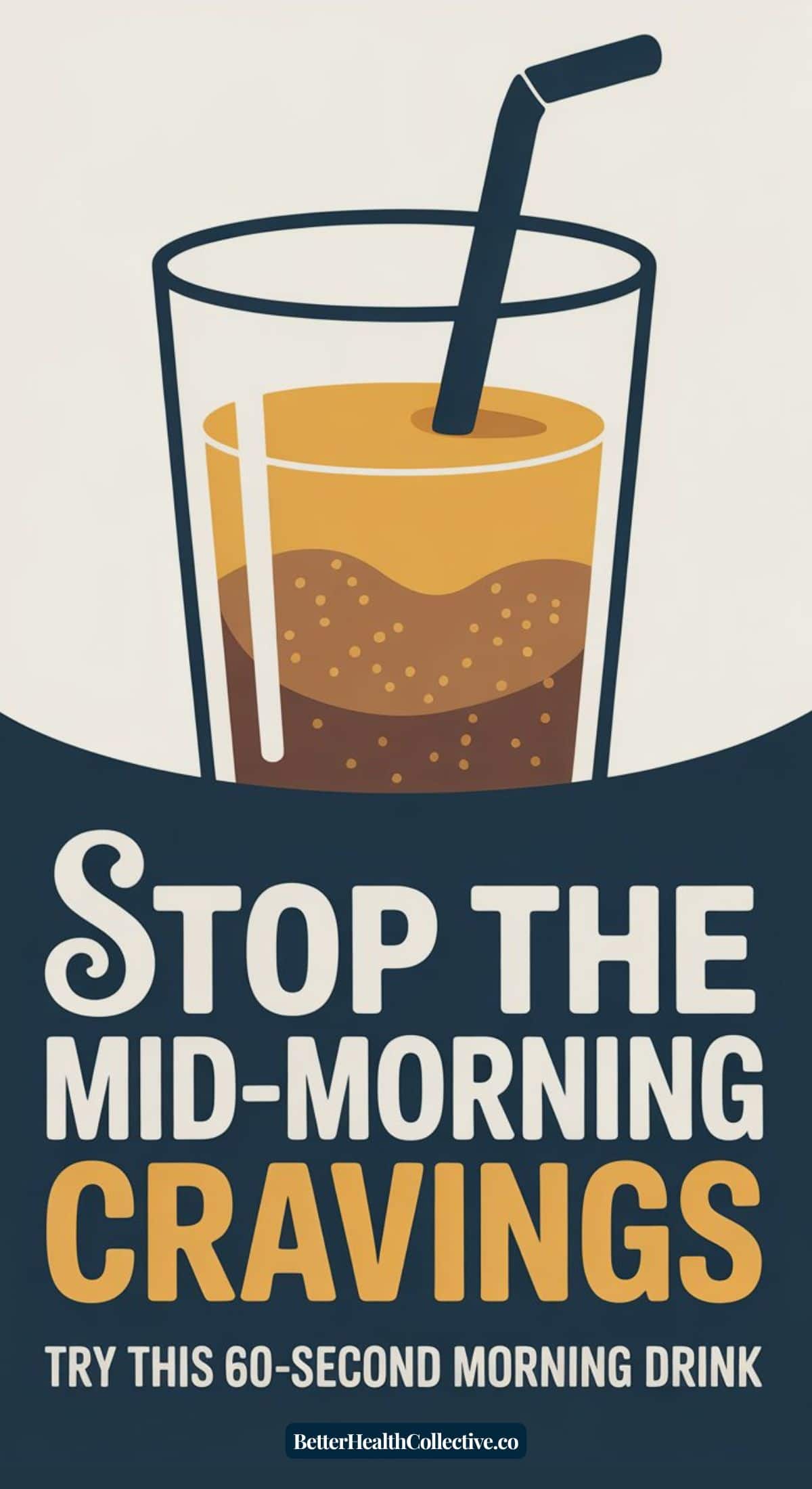 Illustration of a glass with a bubbly brown drink and a straw, alongside the text: Stop the mid-morning cravings. Try this 60-second Morning Primer Drink—your new energy ritual. wellnestguide.com.