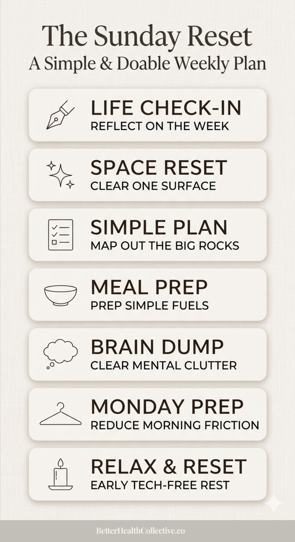 An infographic titled The Sunday Reset: A Simple & Doable Weekly Plan highlights a Sunday reset routine with seven tasks—life check-in, space reset, simple plan, meal prep, brain dump, Monday prep, and relax & reset—to help you stay on track each week.