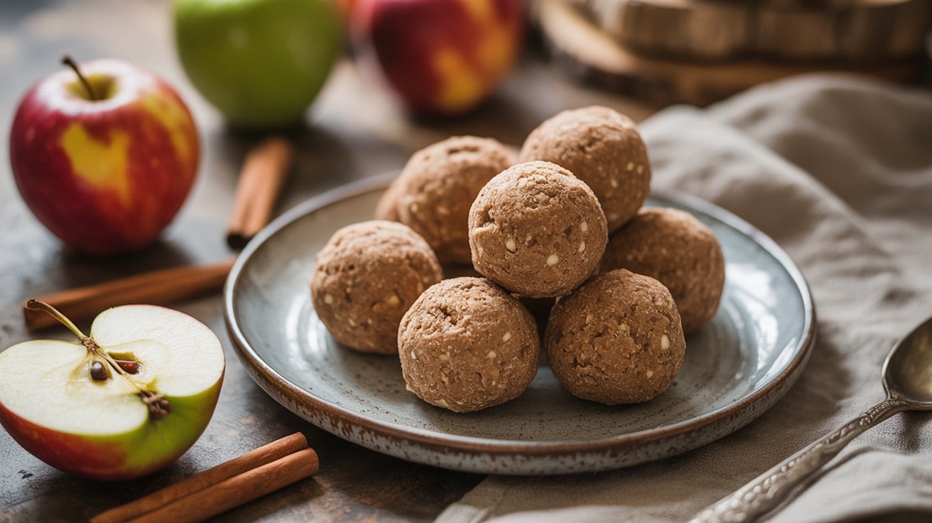 A plate with several round apple cinnamon protein balls sits on a cloth napkin, surrounded by whole apples, apple slices, and cinnamon sticks on a rustic table.