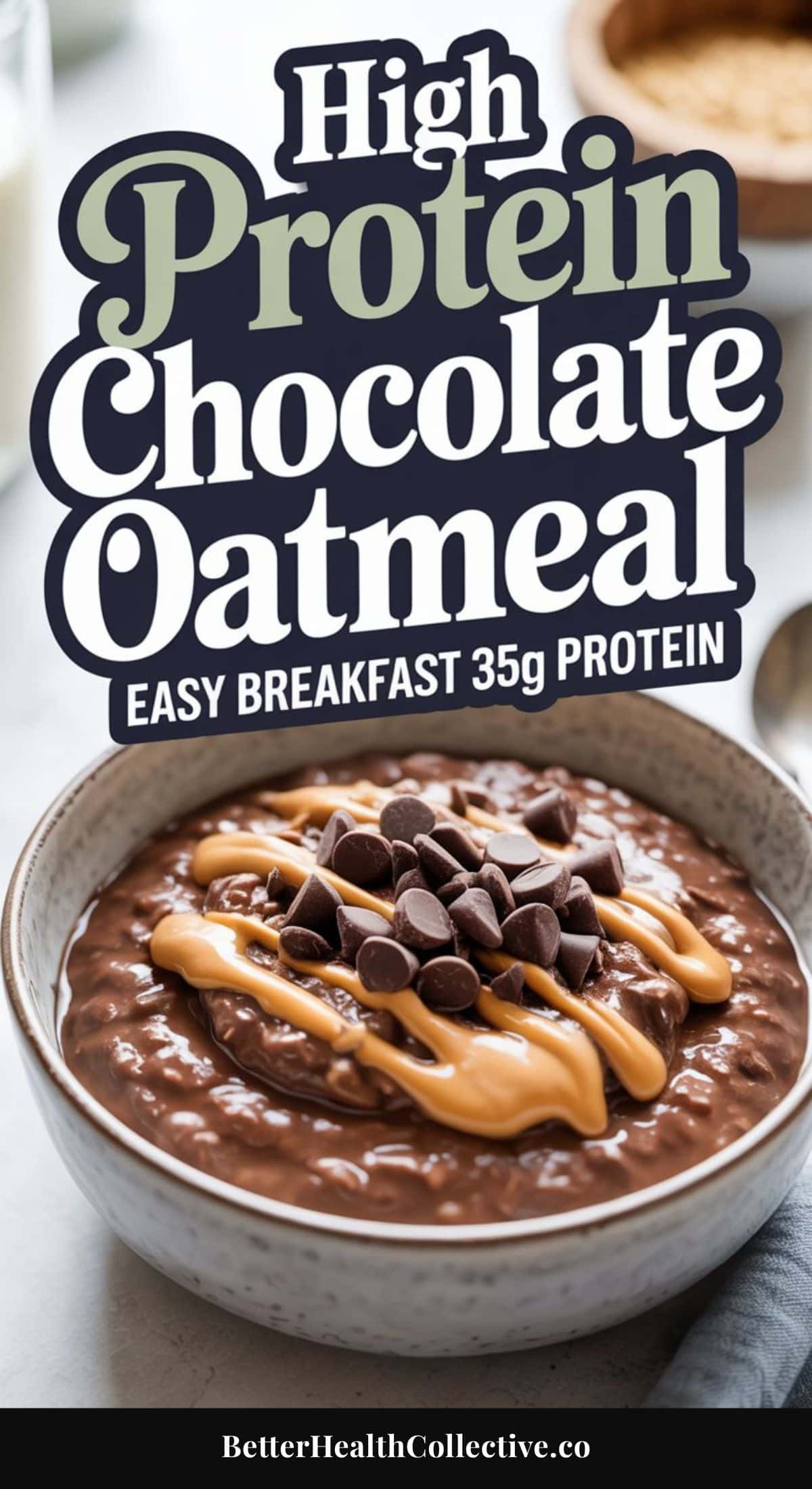 A bowl of chocolate oats topped with peanut butter drizzle and chocolate chips sits on a table. Text above reads, High Protein Chocolate Oatmeal Breakfast, 35g Protein. Website: wellnestguide.com. Perfect start with this protein bowl!.