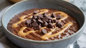 A Chocolate Oats Protein Bowl featuring chocolate oatmeal, chocolate chips, and a zigzag drizzle of creamy peanut butter—packed with 35G protein for a delicious breakfast boost.