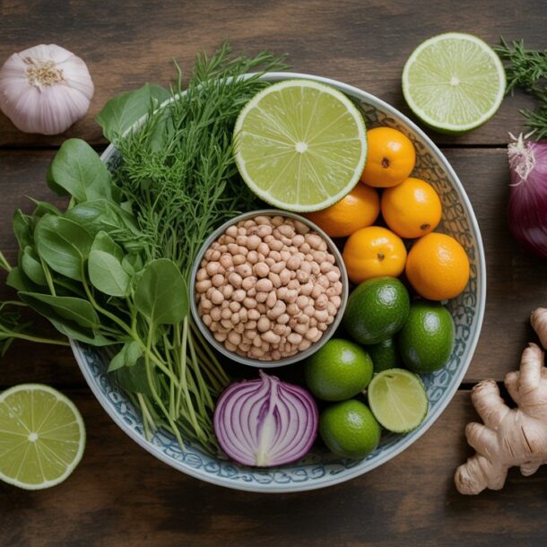 A bowl filled with leafy greens, herbs, kumquats, limes, and a small bowl of beans sits on a wooden table, surrounded by ginger, garlic, a red onion, and lime halves—perfect for gut healthy meals that boost metabolism.