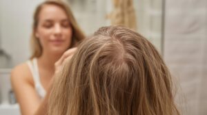 A woman looks in the bathroom mirror, with the focus on the top of her head, showing visible gray roots in her blonde hair. The blurred background highlights her hair and scalp, as she considers trying a DIY hair mask for growth.