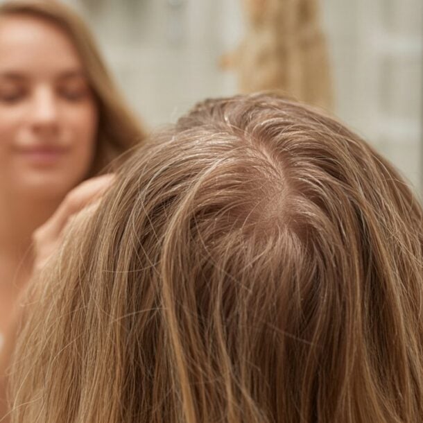 A woman looks in the bathroom mirror, with the focus on the top of her head, showing visible gray roots in her blonde hair. The blurred background highlights her hair and scalp, as she considers trying a DIY hair mask for growth.