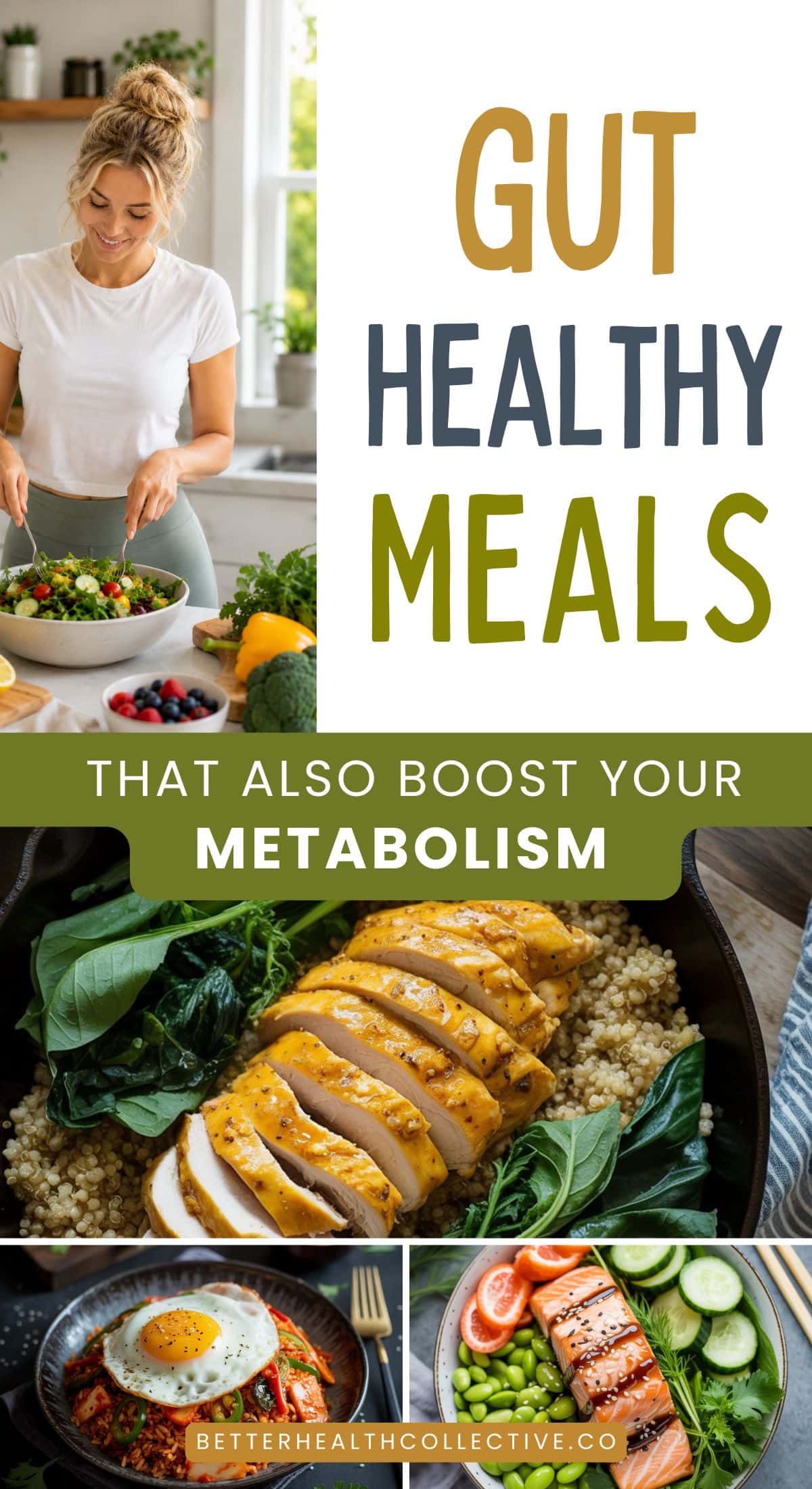 A woman prepares a salad in her kitchen. Text reads “Gut Healthy Meals That Also Boost Your Metabolism.” Images below feature healthy recipes like chicken on quinoa, a salmon bowl, and a website link: wellnestguide.com.