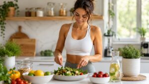 A woman in athletic wear prepares a fresh salad in a bright kitchen to boost your metabolism, surrounded by vegetables, herbs, and a jug of lemon water, with sunlight streaming through a window in the background.