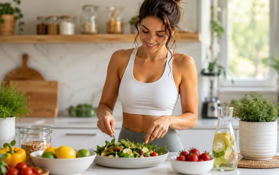 A woman in athletic wear prepares a fresh salad in a bright kitchen to boost your metabolism, surrounded by vegetables, herbs, and a jug of lemon water, with sunlight streaming through a window in the background.