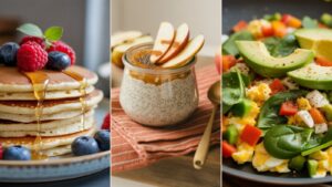 A collage of morning recipes: pancakes with berries and syrup, chia pudding with apple slices, and a plate of scrambled eggs with spinach, avocado, and diced vegetables.