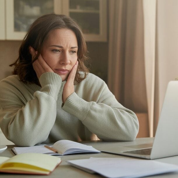 A woman sits at a kitchen table, looking thoughtfully at a laptop. Surrounded by notebooks and coffee, she rests her face in her hands—showing clear signs of burnout as she appears deep in concentration or concern.