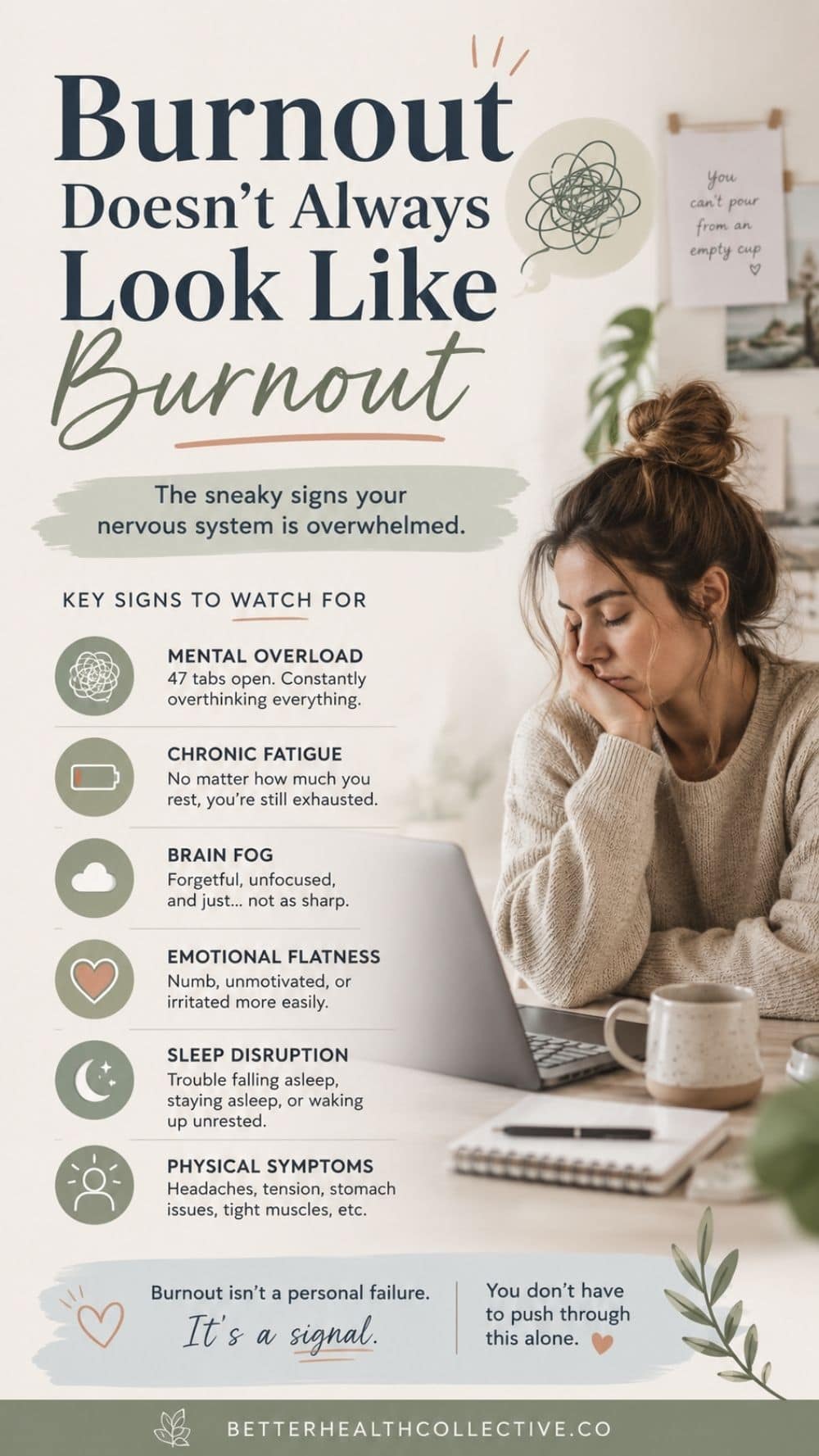 A young woman sits at a desk with a laptop and notebook, appearing tired and thoughtful. Text highlights subtle signs of burnout, such as mental overload, fatigue, memory issues, low motivation, sleep troubles, and physical symptoms.