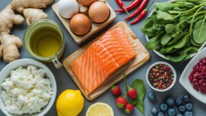 A variety of metabolism boosting foods on a table, including salmon, eggs, spinach, ginger, cottage cheese, blueberries, strawberries, lemon, olive oil, red chili peppers, multicolored peppercorns, and dried cranberries.