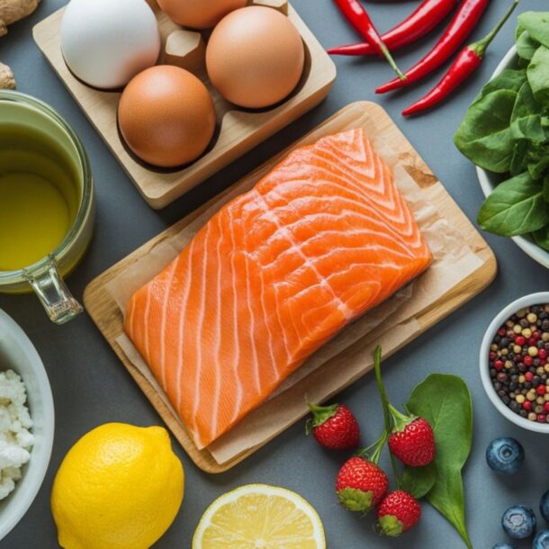 A variety of metabolism boosting foods on a table, including salmon, eggs, spinach, ginger, cottage cheese, blueberries, strawberries, lemon, olive oil, red chili peppers, multicolored peppercorns, and dried cranberries.