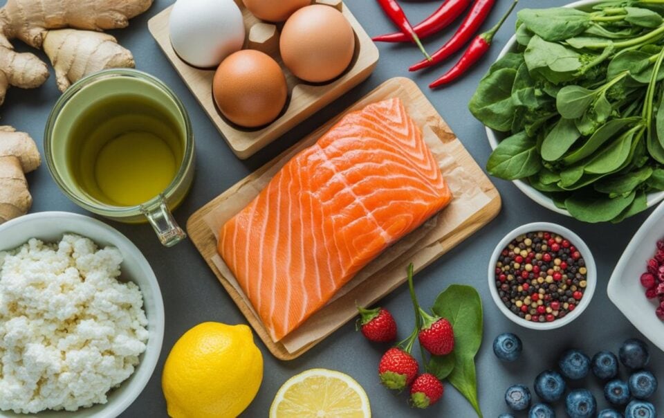 A variety of metabolism boosting foods on a table, including salmon, eggs, spinach, ginger, cottage cheese, blueberries, strawberries, lemon, olive oil, red chili peppers, multicolored peppercorns, and dried cranberries.