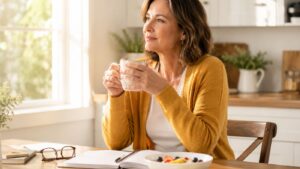 A woman wearing a yellow cardigan sits at a kitchen table, holding a mug and gazing thoughtfully out the window, perhaps reflecting on strange symptoms of Vitamin B12 deficiency. An open notebook and fruit bowl rest nearby as natural light fills the room.