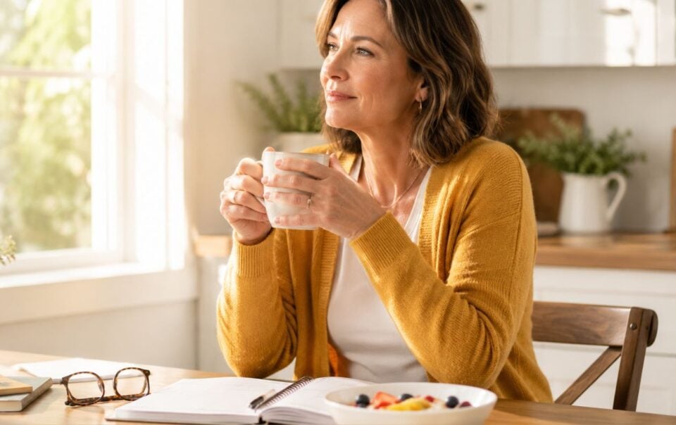 A woman wearing a yellow cardigan sits at a kitchen table, holding a mug and gazing thoughtfully out the window, perhaps reflecting on strange symptoms of Vitamin B12 deficiency. An open notebook and fruit bowl rest nearby as natural light fills the room.