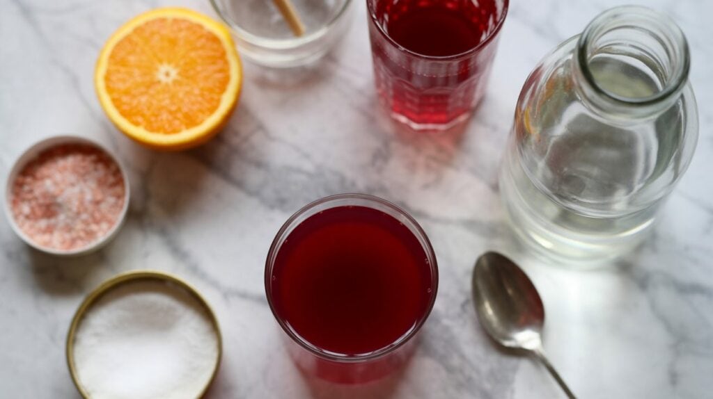 A glass of red liquid, a glass bottle of water, a halved orange, a spoon, pink salt, white sugar, and an empty glass are arranged on a marble surface—ingredients perfect for an adrenal cocktail for sleep.
