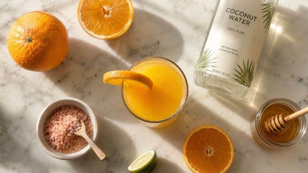 A glass of orange juice with an orange slice sits on a marble surface, surrounded by an orange, orange slices, a bottle of coconut water, a bowl of pink salt with a spoon, a lime wedge, and a jar of honey—a refreshing Adrenal Cocktail for Energy.