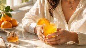 A person in a cream shirt holds a glass of Adrenal Cocktail for Energy, garnished with an orange slice. A bowl of oranges and a small jar of honey sit on a sunlit marble table.