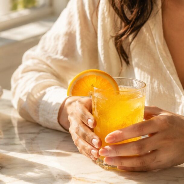 A person in a cream shirt holds a glass of Adrenal Cocktail for Energy, garnished with an orange slice. A bowl of oranges and a small jar of honey sit on a sunlit marble table.