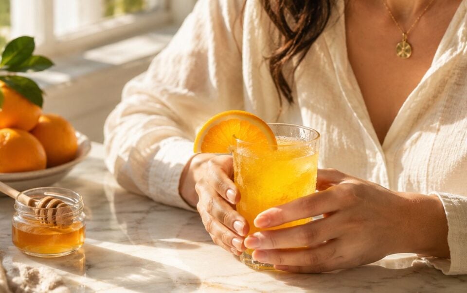 A person in a cream shirt holds a glass of Adrenal Cocktail for Energy, garnished with an orange slice. A bowl of oranges and a small jar of honey sit on a sunlit marble table.