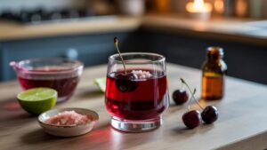 A glass of red cherry drink, inspired by an adrenal cocktail for sleep, sits on a wooden table, surrounded by fresh cherries, a cut lime, a bowl of pink salt, a measuring cup with red liquid, and a small brown bottle.
