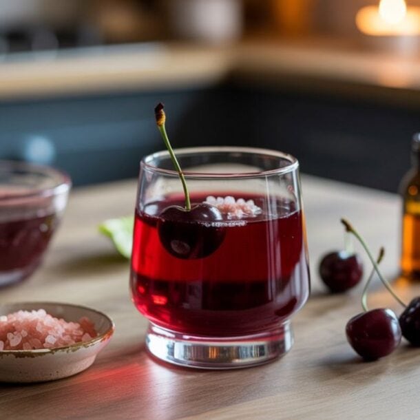 A glass of red cherry drink, inspired by an adrenal cocktail for sleep, sits on a wooden table, surrounded by fresh cherries, a cut lime, a bowl of pink salt, a measuring cup with red liquid, and a small brown bottle.