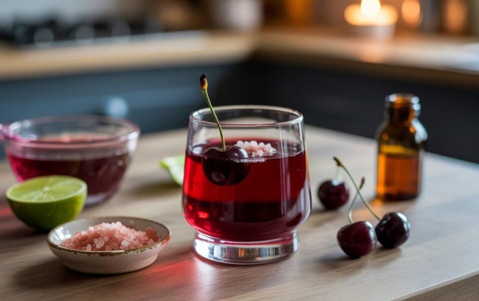 A glass of red cherry drink, inspired by an adrenal cocktail for sleep, sits on a wooden table, surrounded by fresh cherries, a cut lime, a bowl of pink salt, a measuring cup with red liquid, and a small brown bottle.