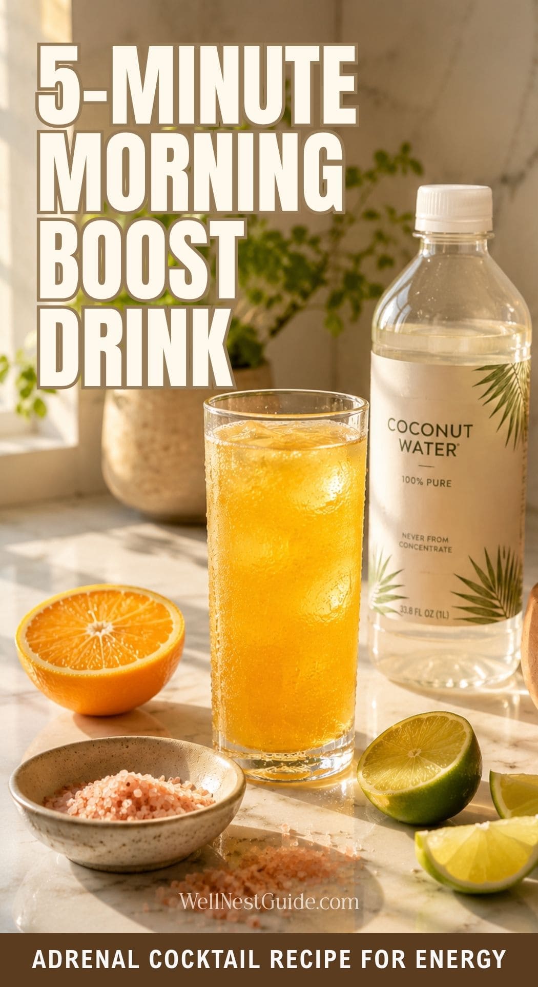 A glass of yellow-orange drink sits next to coconut water, a halved orange, a halved lime, and pink salt. Sunlight streams in over the text: 5-Minute Morning Boost Drink and Adrenal Cocktail for Energy Recipe.
