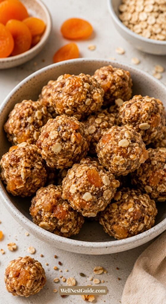A bowl filled with round oat and dried apricot energy bites, made with estrogen rich foods, sits on a light surface. Loose oats, dried apricots, and a second bowl of oats surround these textured bites speckled with seeds and fruit pieces.