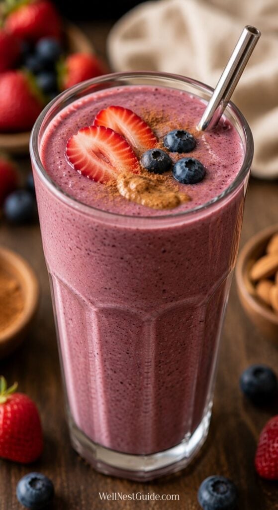 A glass of berry smoothie topped with sliced strawberries, blueberries, a sprinkle of cinnamon, and a stainless steel straw. Fresh berries, almonds, and a bowl of cinnamon are seen in the background—a delicious choice for Hypothyroid Smoothie Recipes.
