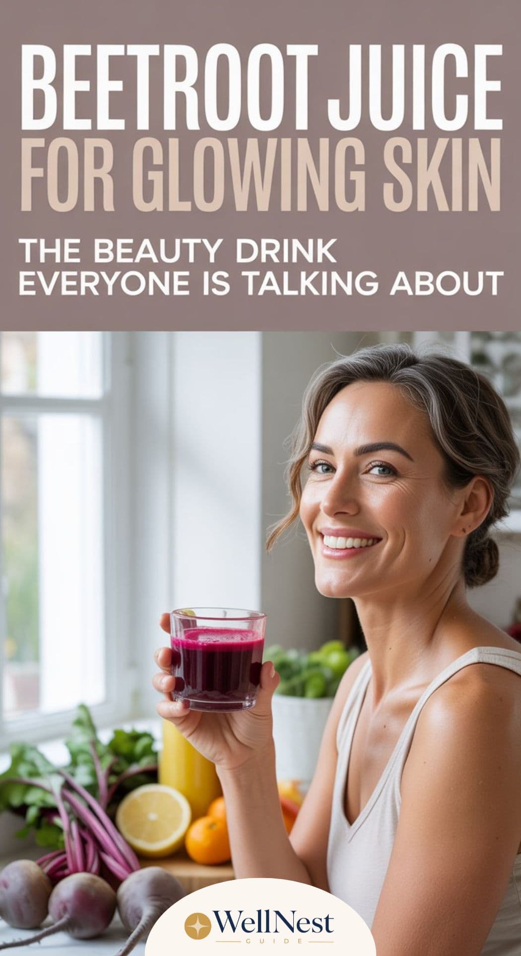 A smiling woman holds a glass of beetroot juice in a bright kitchen with fresh beets and vegetables on the counter. Text above reads: “Beetroot Juice Recipe for Glowing Skin. The beauty drink everyone is talking about.”.