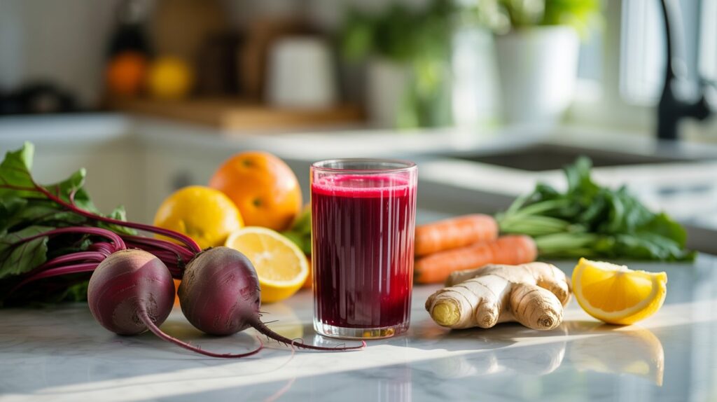 A glass of beetroot juice sits on a kitchen counter, surrounded by fresh beets, carrots, ginger root, oranges, lemon slices, and leafy greens—highlighting its benefits for glowing skin in a bright and airy kitchen setting.